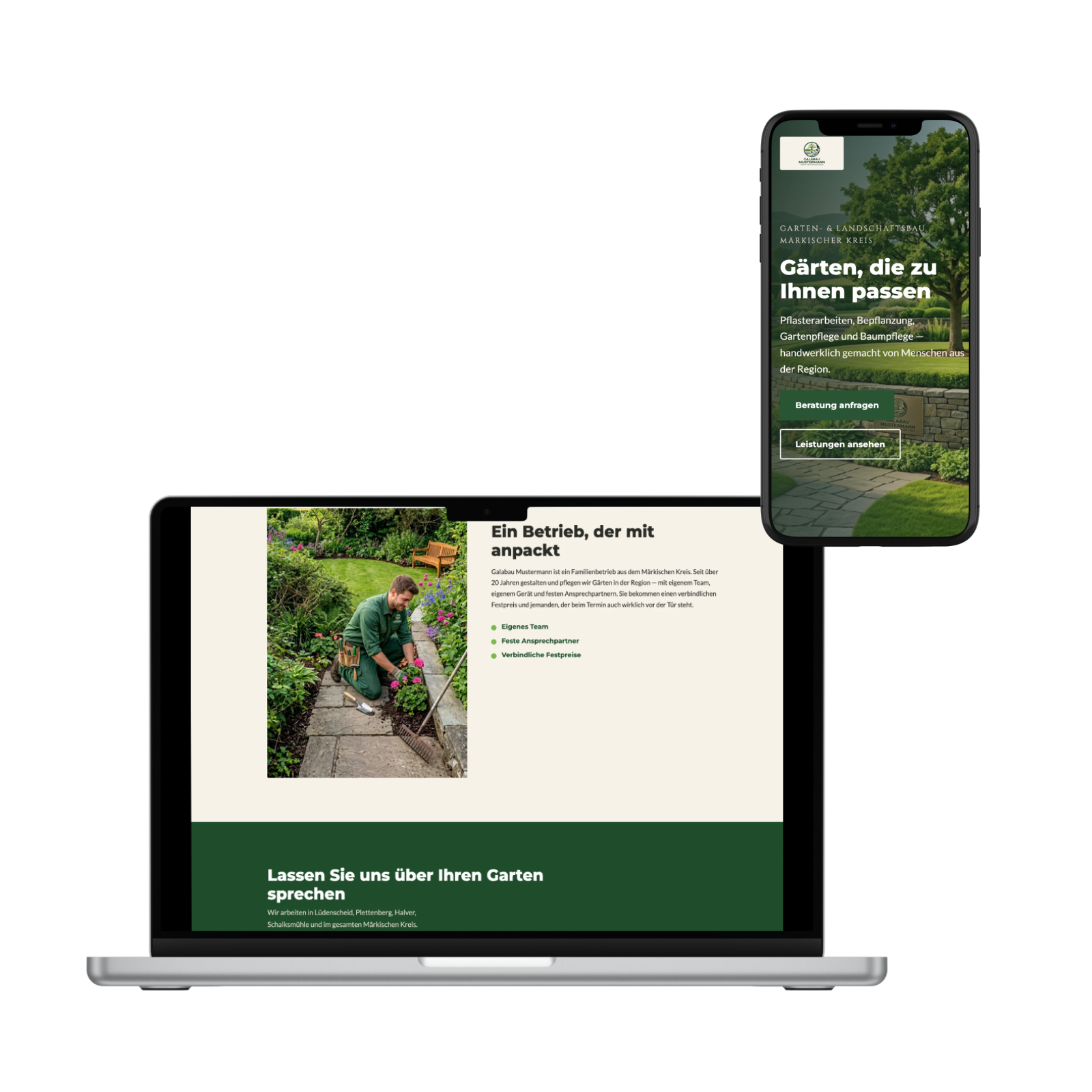 Konzeptbeispiel einer Website für einen Garten- und Landschaftsbaubetrieb – Desktop- und Mobilansicht