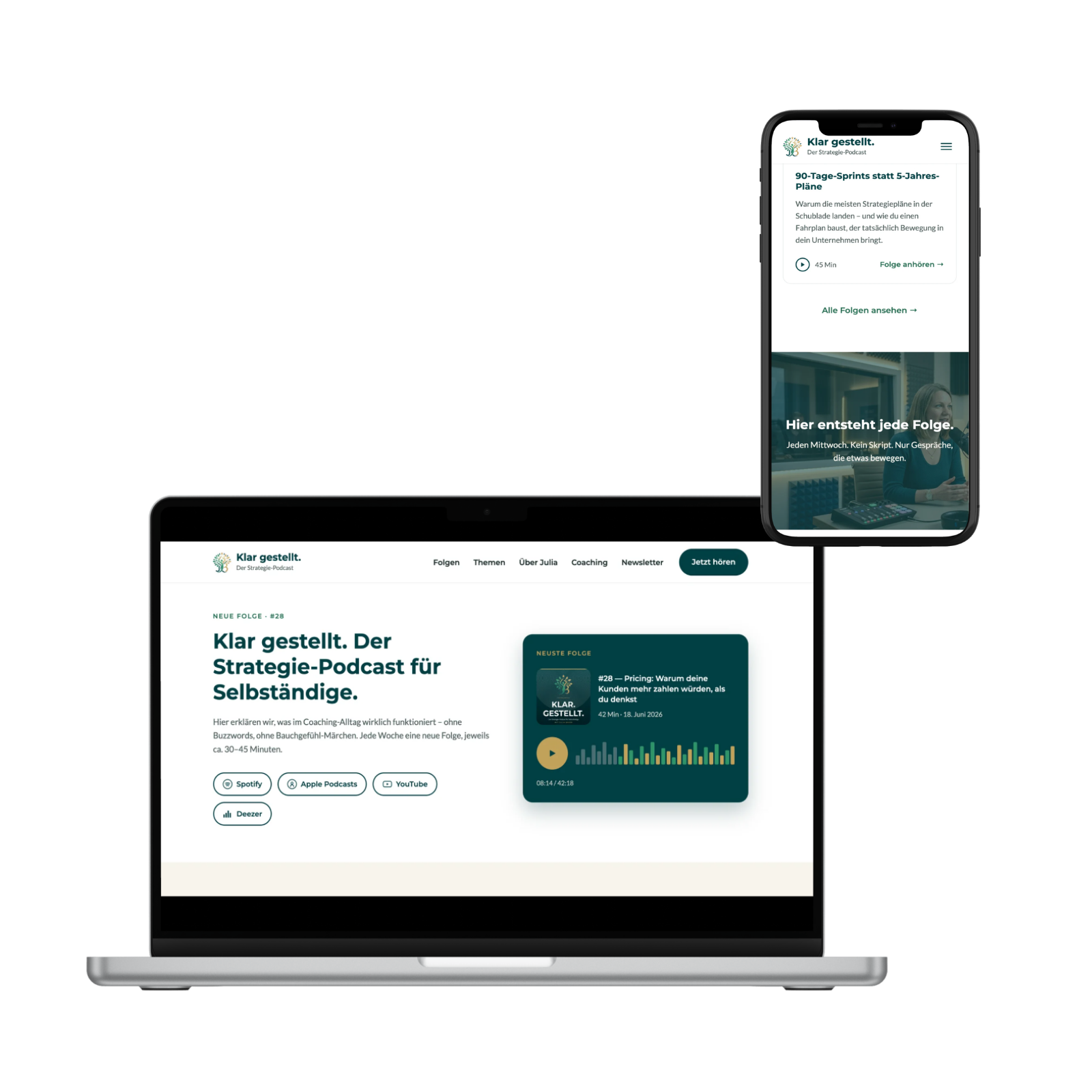 Concept example of a podcast landing page with player – desktop and mobile view